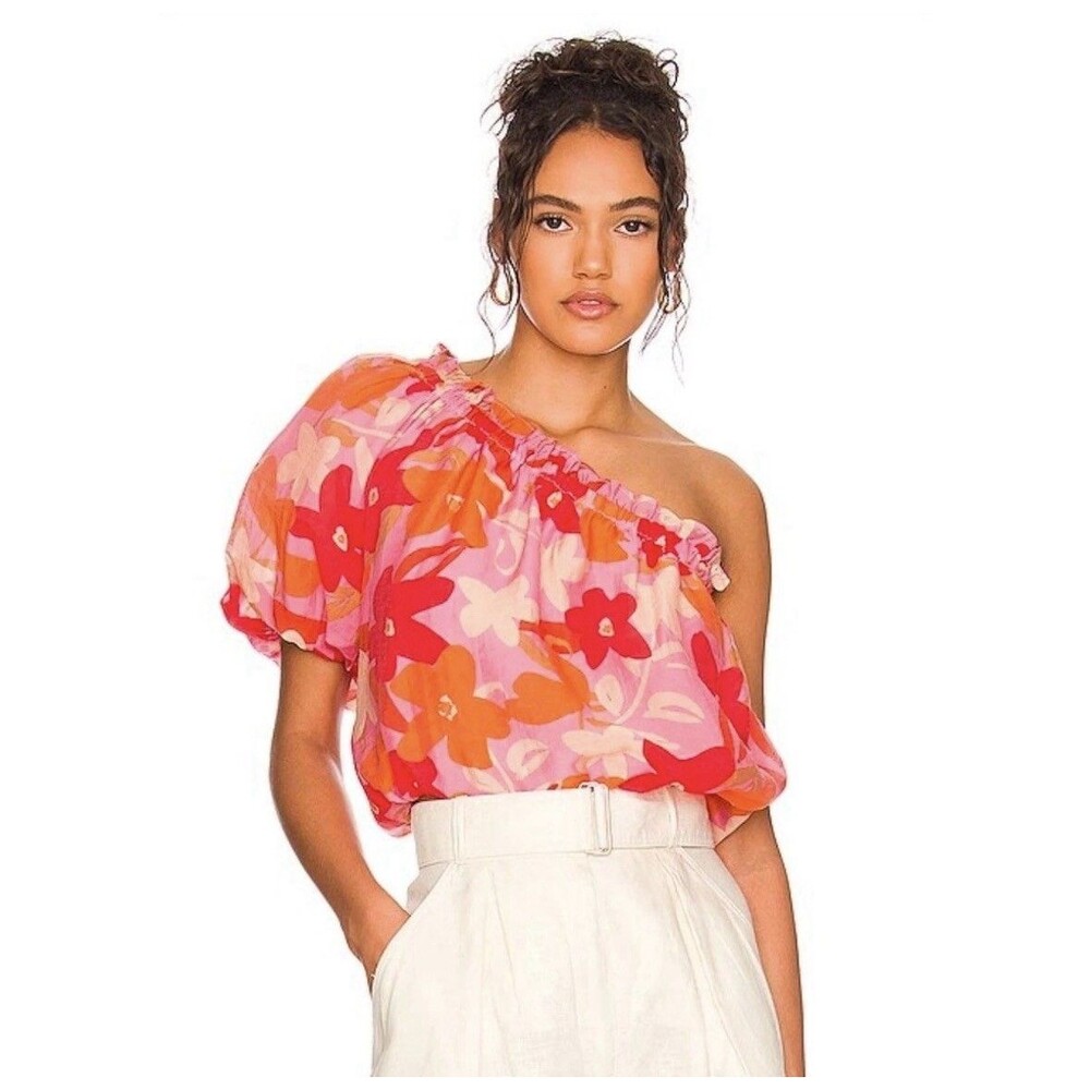 ASTR The Label Revolve Atlanta Pink/ Red Floral One Shoulder Cropped Blouse XS